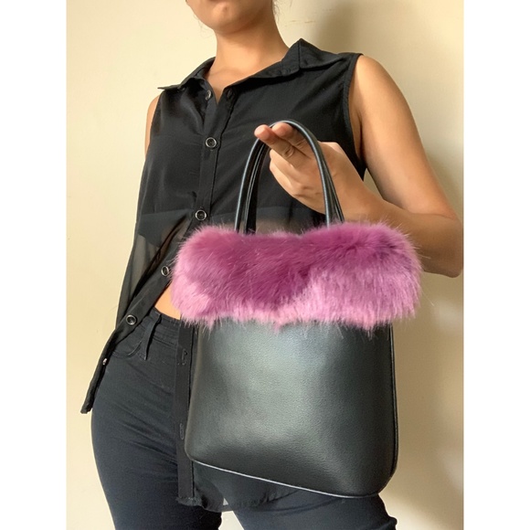 Handbags - Vegan Leather Faux Fur Top Handle Handbag - Black Purple